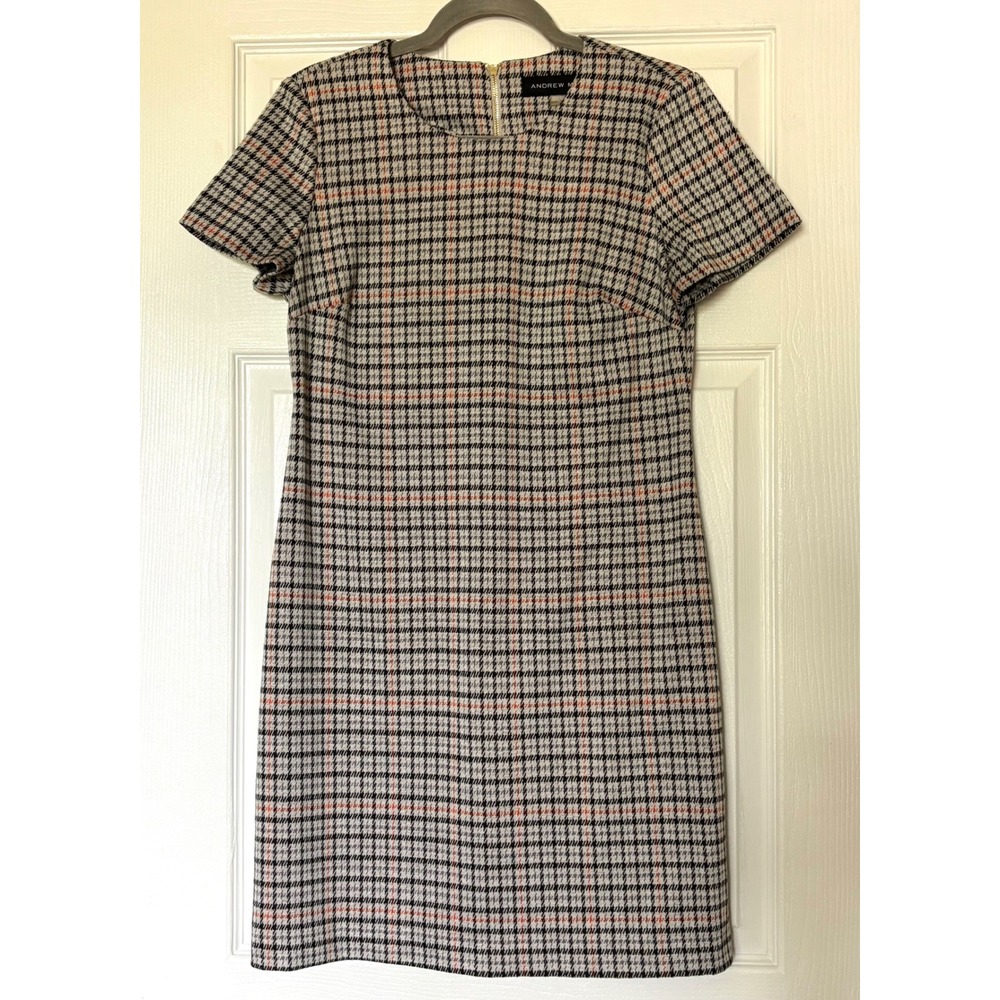 Andrew Marc Womens Glen Plaid Sheath Dress Grey Orange Short Sleeve Size 10